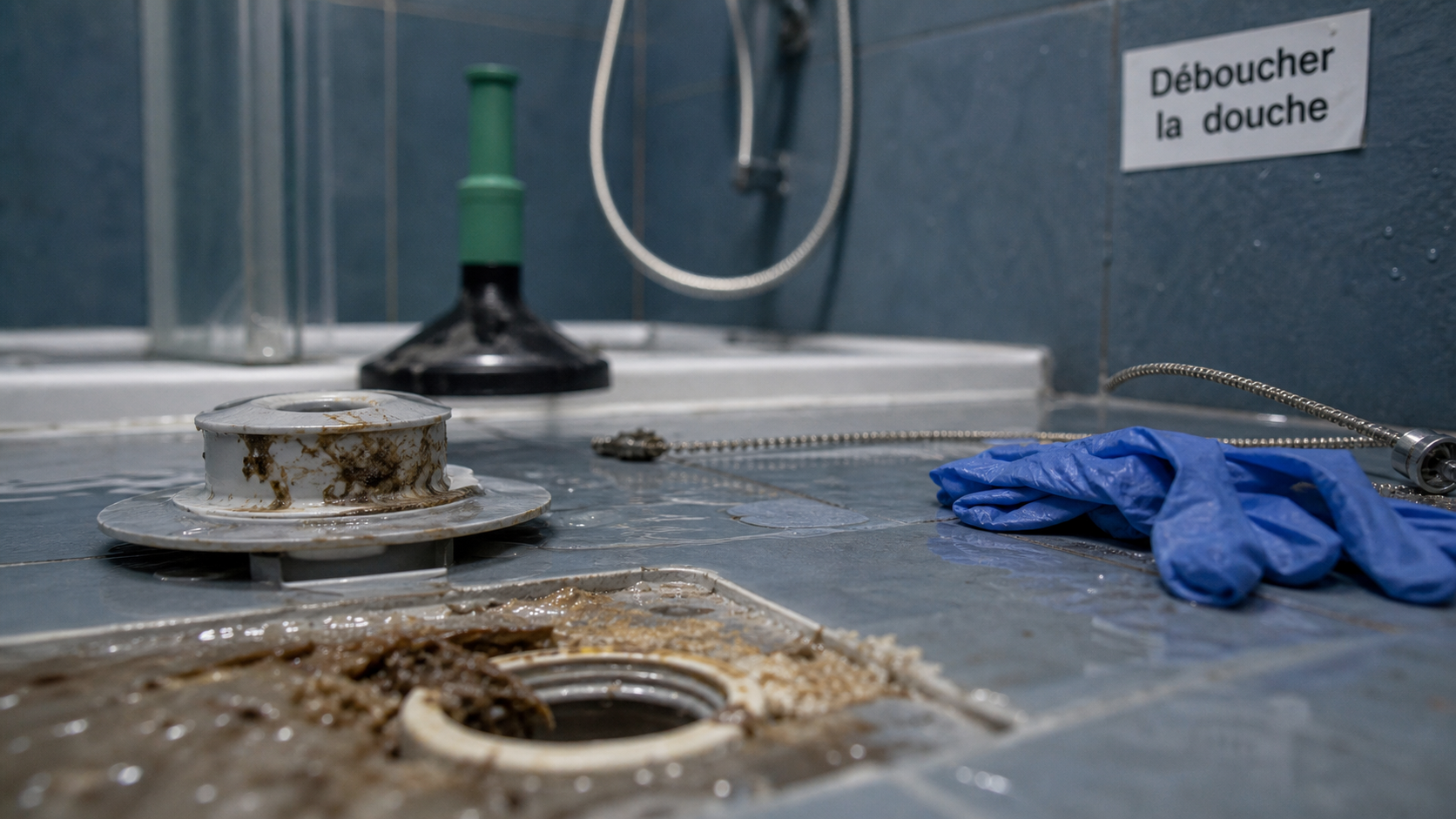 Déboucher douche produit : siphon démonté et furet