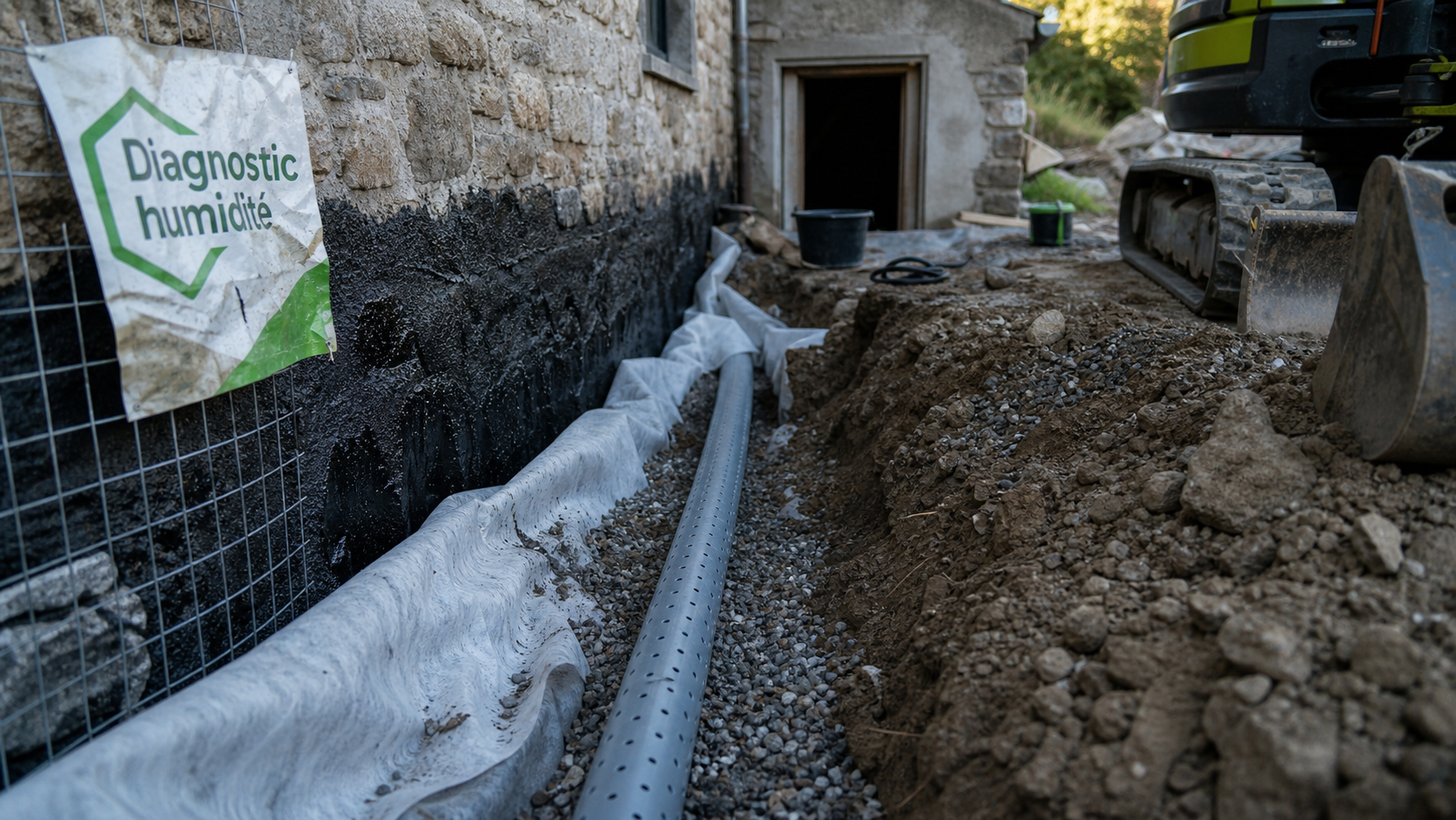 Drainage maison ancienne prix : tranchée périphérique avec tuyau perforé et gravier