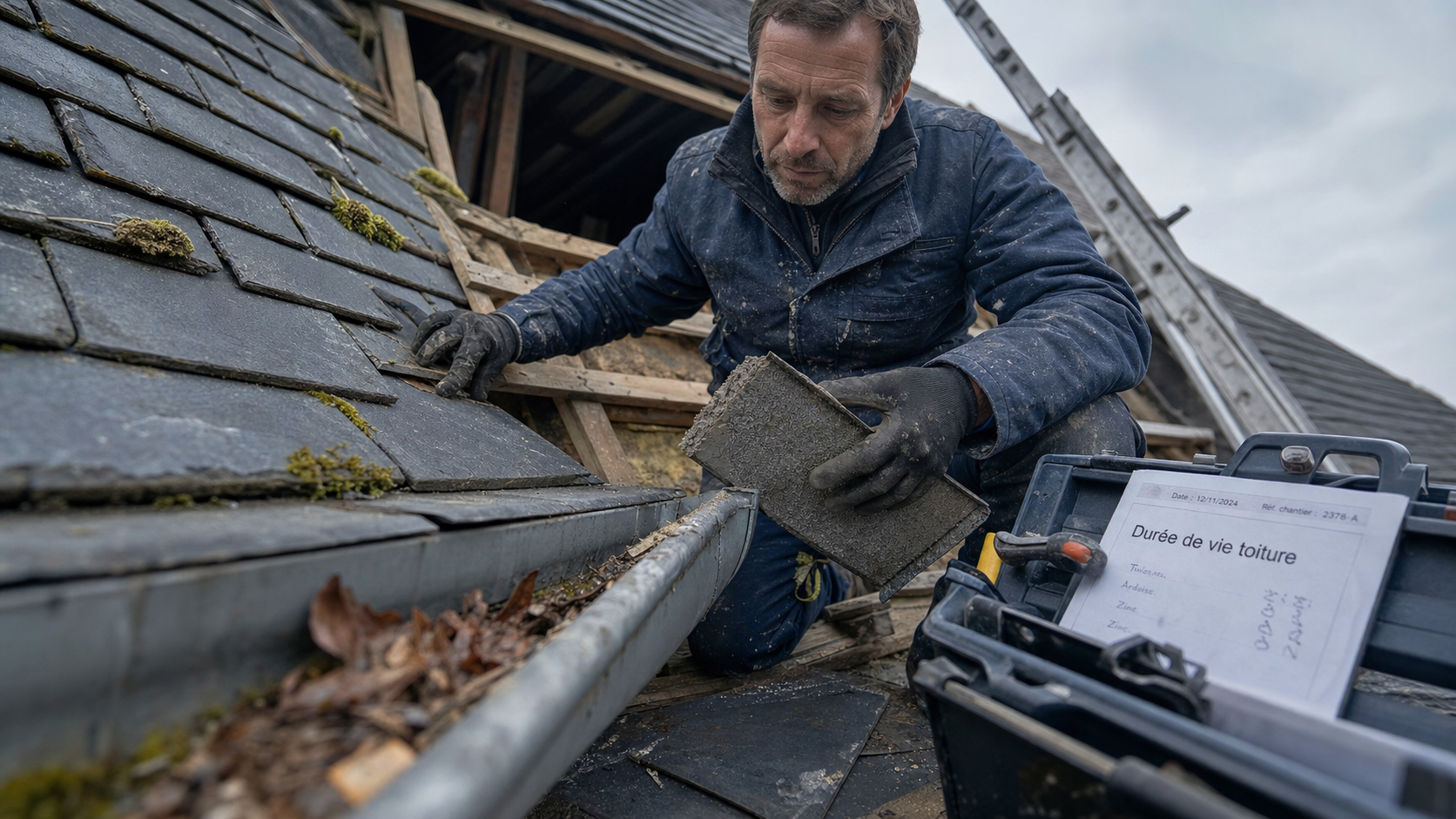 Durée de vie toiture : couvreur examine une toiture ardoise et zinc