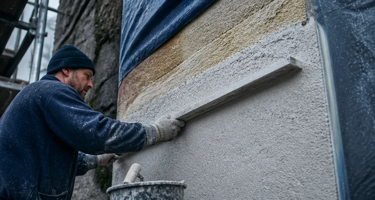 Enduit à la chaux facade : artisan applique 3 couches d'enduit pour éviter les fissures