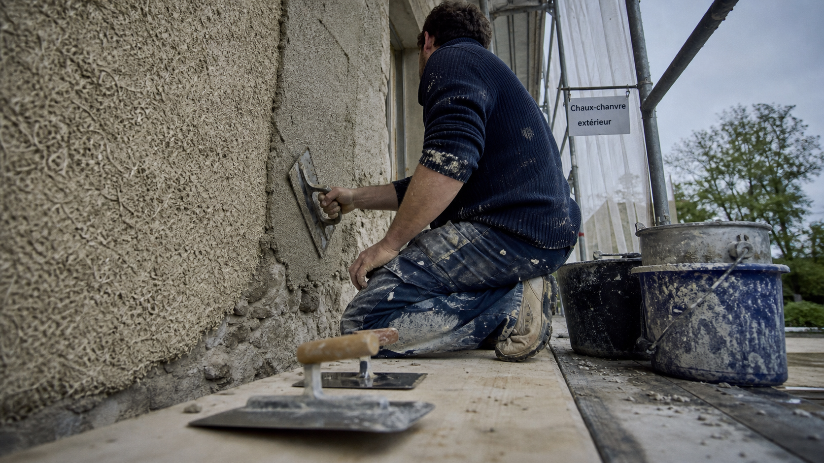 Enduit chaux chanvre exterieur en 3 couches sur façade, artisan à la taloche