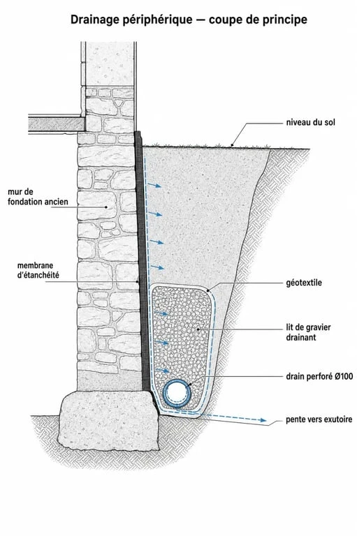 Schéma technique d'un système de drainage pour maison ancienne pour prévenir l'humidité et protéger les fondations.