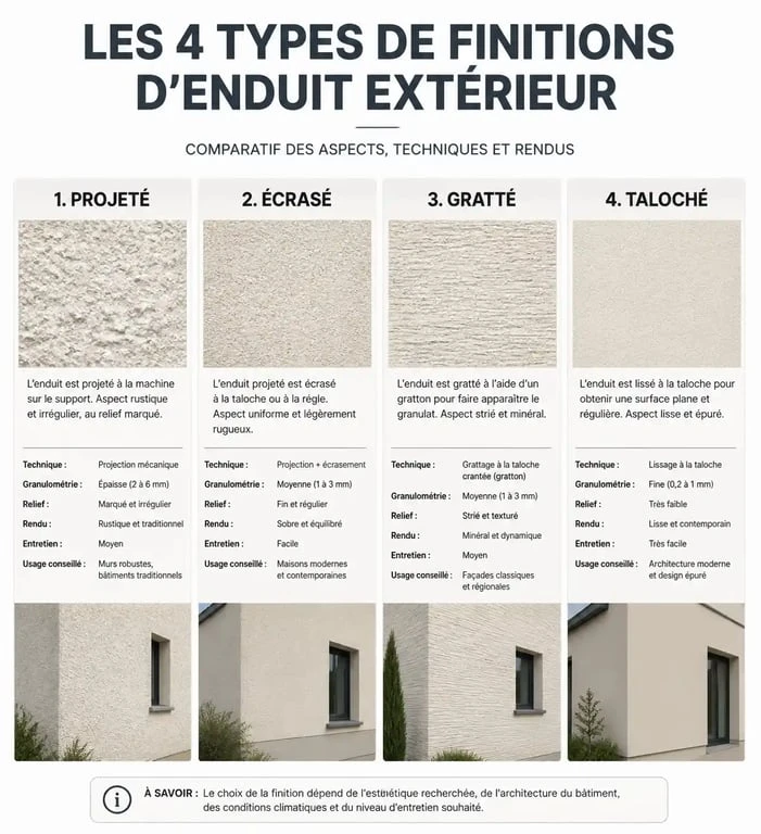 Comparatif des techniques de finition pour crépi ou enduit extérieur : projeté, écrasé, gratté et taloché