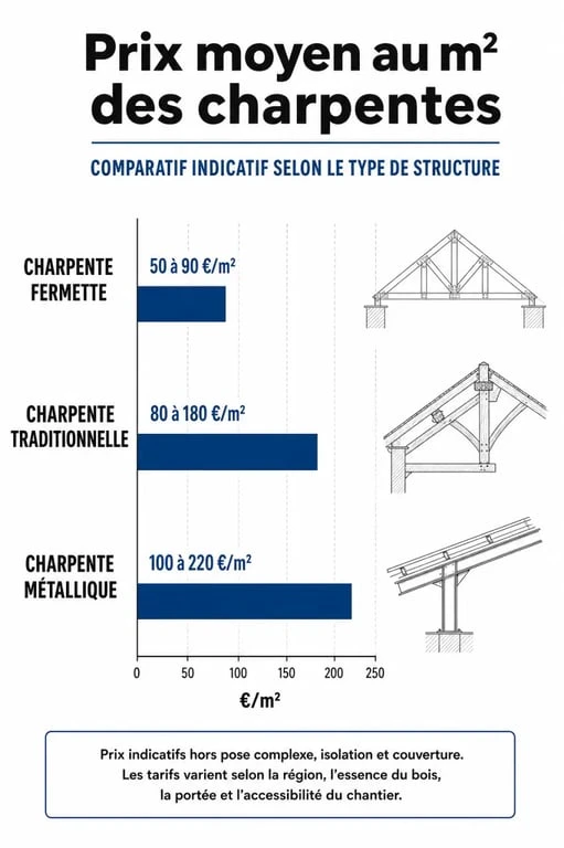 Comparatif des prix au m² des différents types de charpentes pour votre projet de construction ou rénovation.