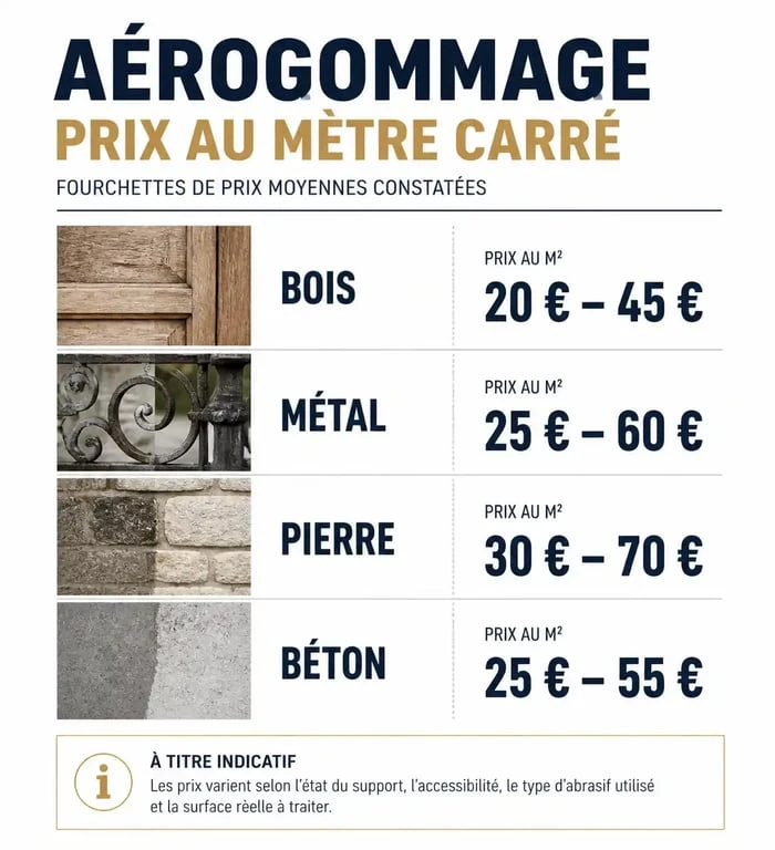 Infographie des prix moyens de l'aérogommage au m2 selon le support : bois, métal, pierre et béton.