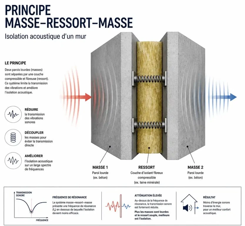 Principe masse-ressort-masse pour isoler phoniquement un mur mitoyen