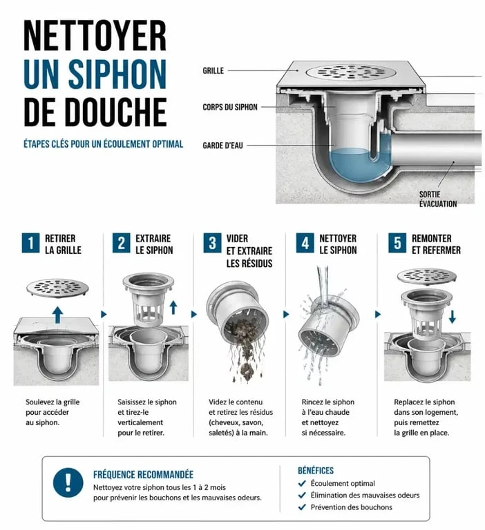 Schéma explicatif des étapes pour déboucher la douche et nettoyer le siphon