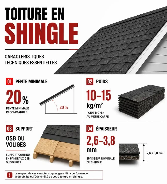 Infographie des caractéristiques techniques pour la pose d'une toiture en shingle