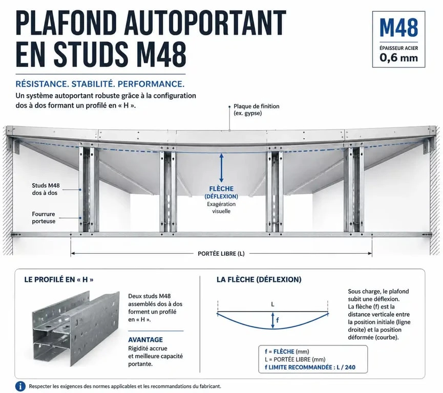 Schéma technique de la portée maximum plafond autoportant m48 avec renforts