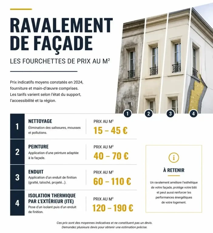 Tableau comparatif des prix au m² pour un ravalement de façade de maison de 120m2