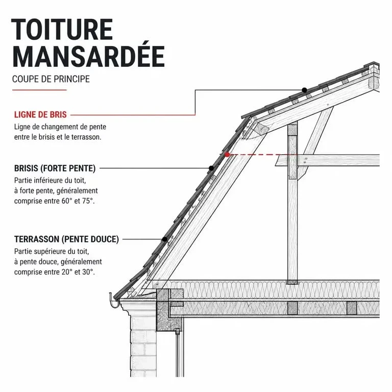 Schéma technique de la structure d'un toit mansardé avec brisis et terrasson