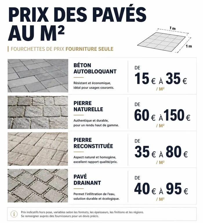 Infographie comparative des prix au m2 pour la pose de pavés en béton, pierre naturelle et reconstituée