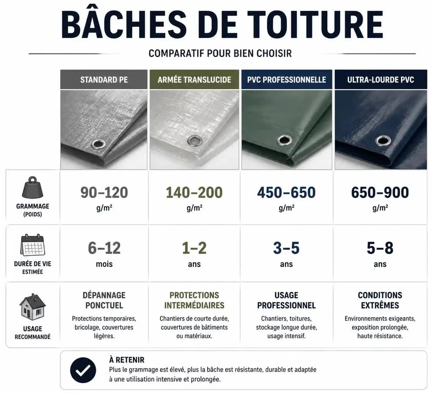 Tableau comparatif des types de bâche pour toiture selon le grammage et la durée de vie