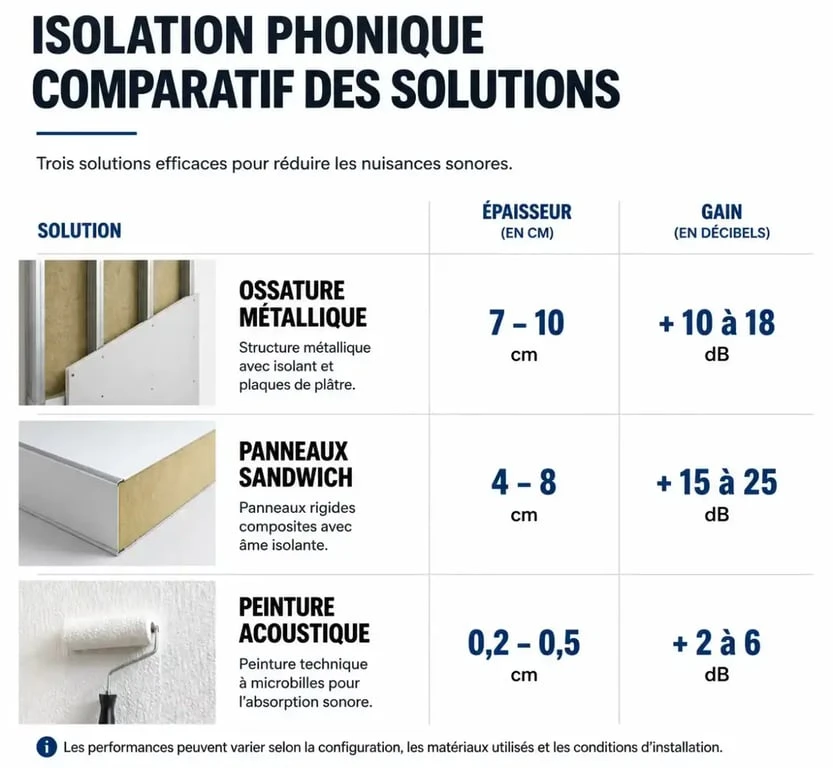 Infographie comparative des solutions pour isoler phoniquement une pièce : ossature, panneaux et peinture acoustique.