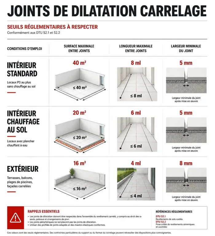 Infographie des seuils réglementaires pour la pose de joint de dilatation carrelage