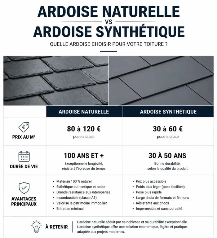 Comparatif des prix et caractéristiques pour un toit en ardoise au m2 : naturelle vs synthétique