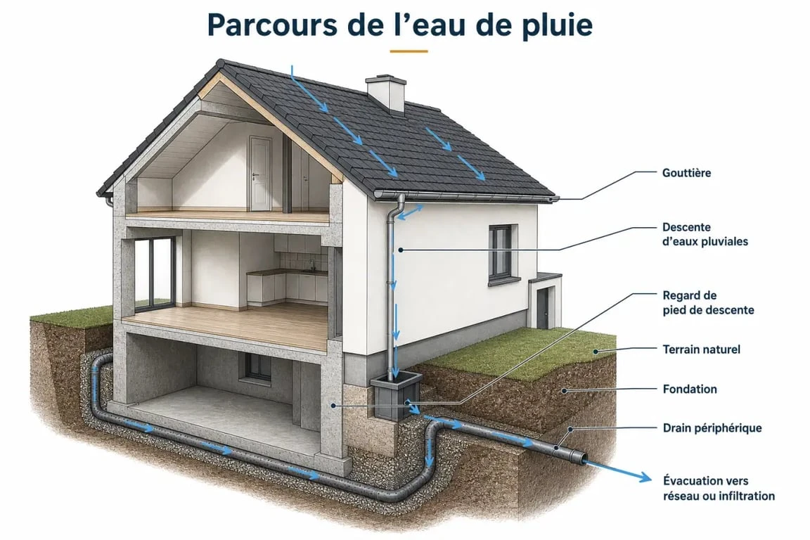 Schéma technique de l'évacuation des eaux pluviales pour une maison individuelle