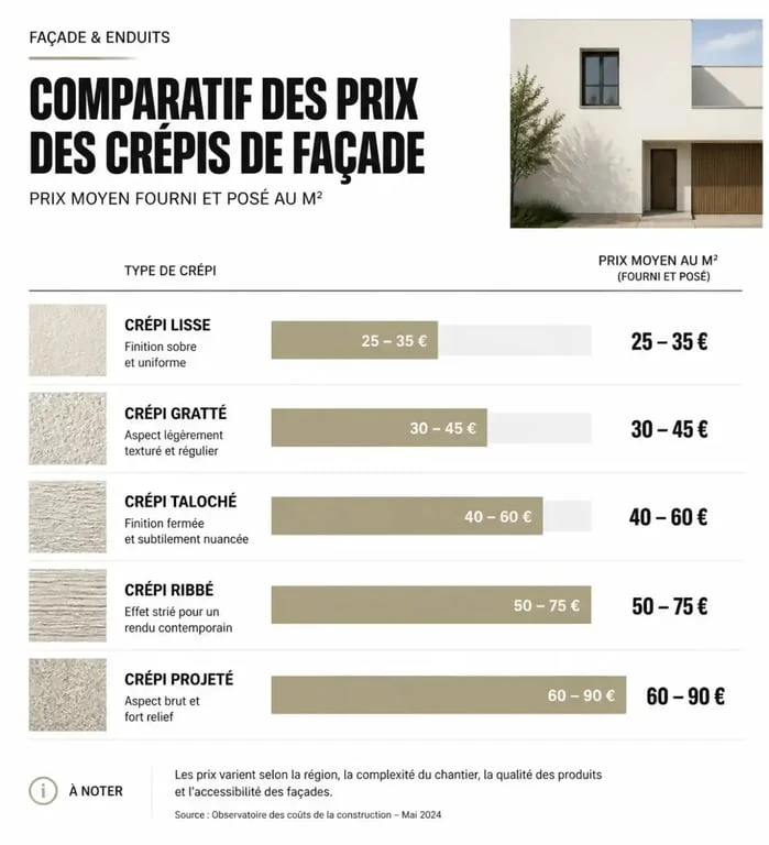 Tableau comparatif des prix du crépi au m2 par type de finition pour façade