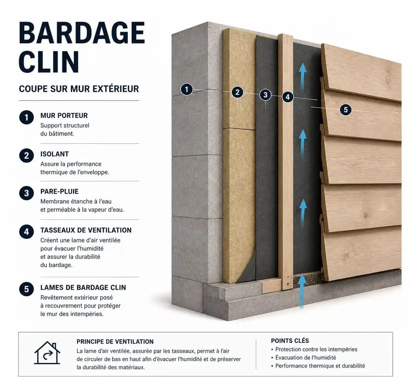 Schéma technique en coupe d'une installation de bardage clin sur mur extérieur