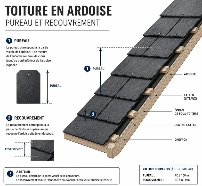 Schéma explicatif du calcul de l'ardoise au m2 : pureau et recouvrement