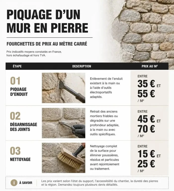 Infographie des prix au m2 pour le piquage d'un mur en pierre et étapes de rénovation
