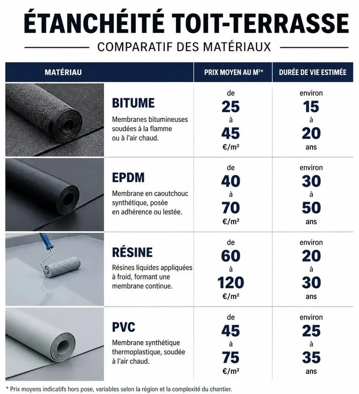Comparatif des prix au m2 et durée de vie pour l'étanchéité toit terrasse