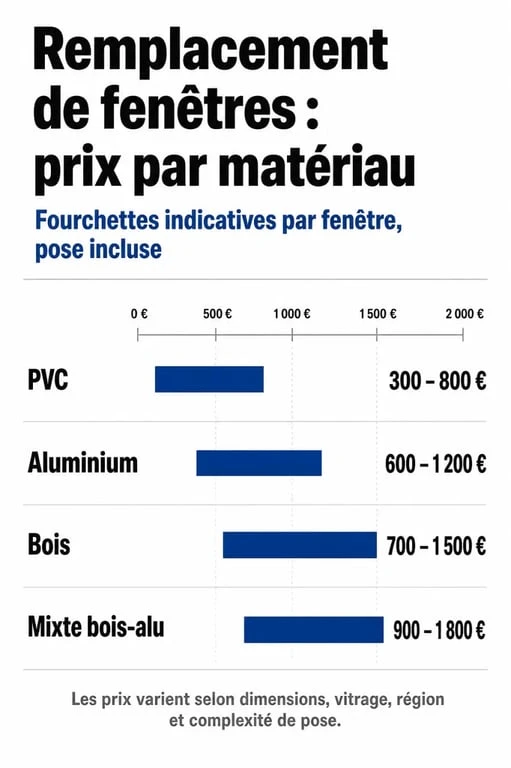 Infographie comparative des prix de remplacement de fenêtre par matériau : PVC, Aluminium, Bois et Mixte.