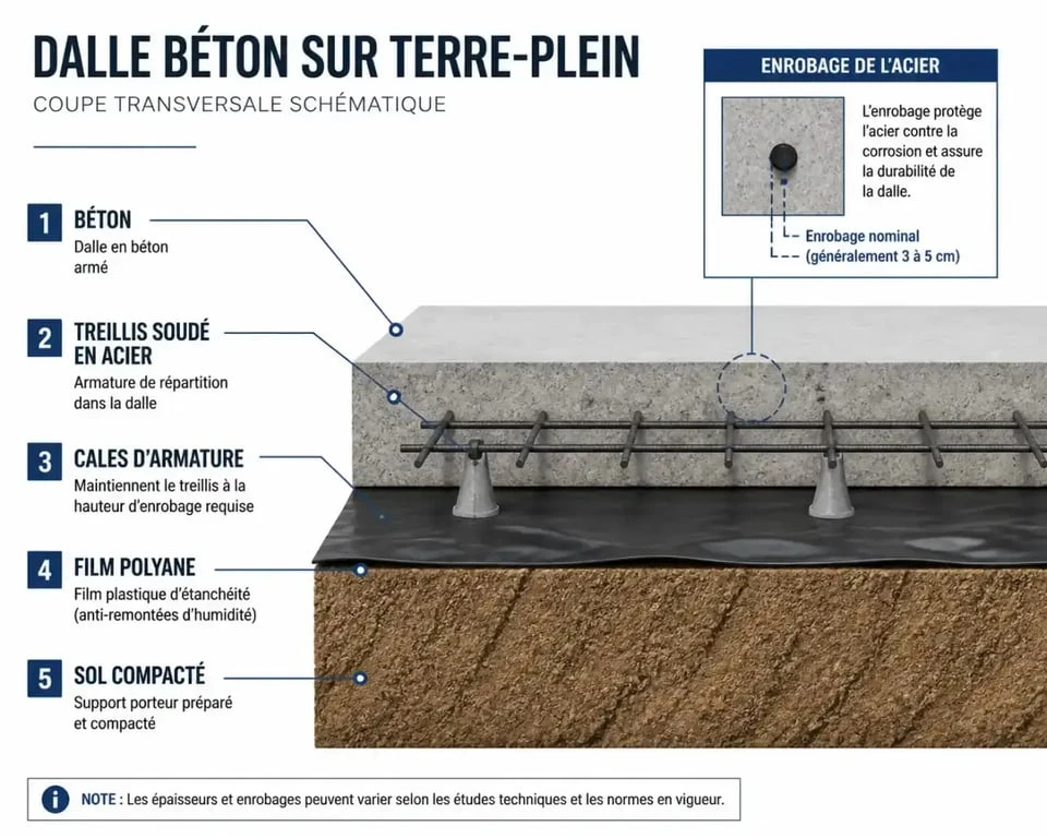 Schéma de coupe d'une dalle béton avec ferraillage et enrobage