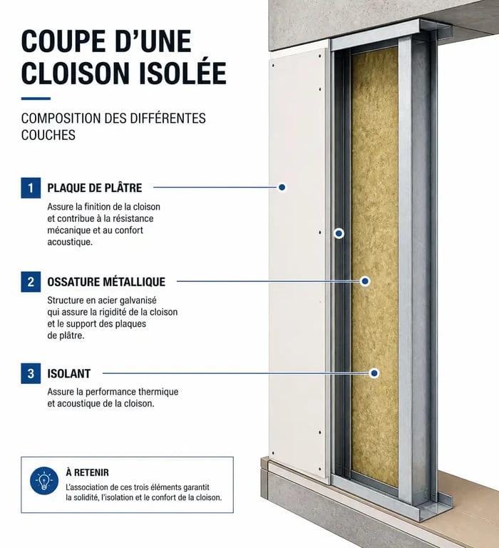 Schéma technique de l'épaisseur d'une cloison isolée avec placo et isolant