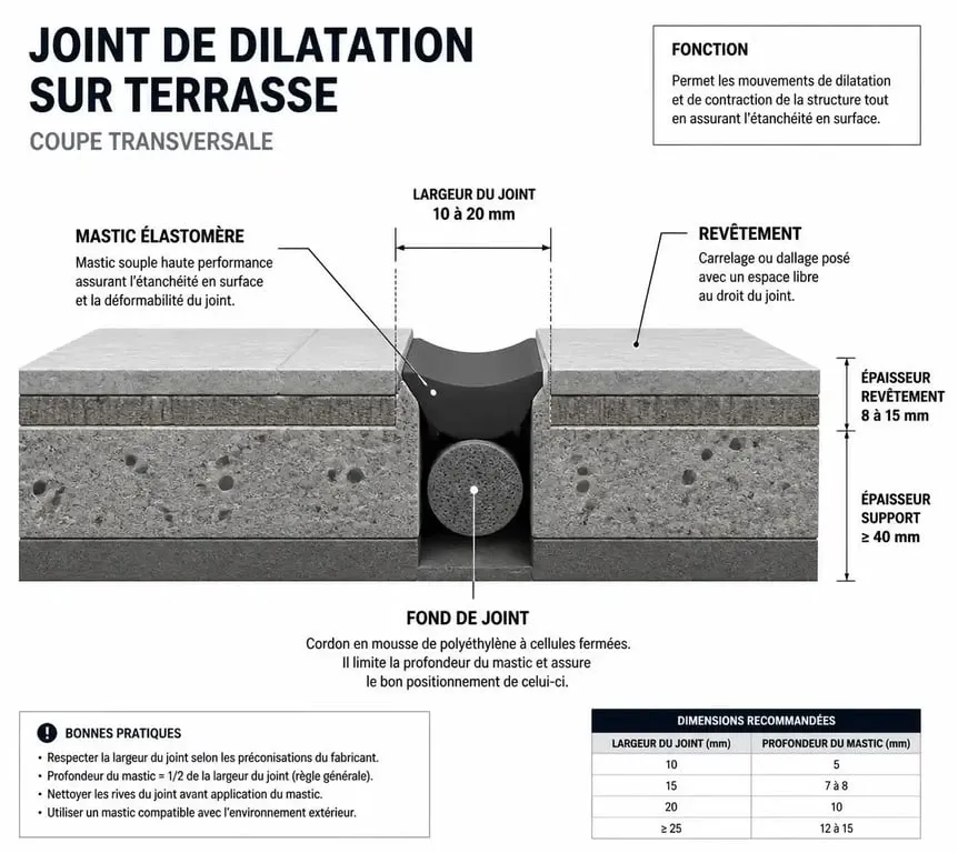Schéma technique de pose d'un joint de dilatation terrasse extérieur
