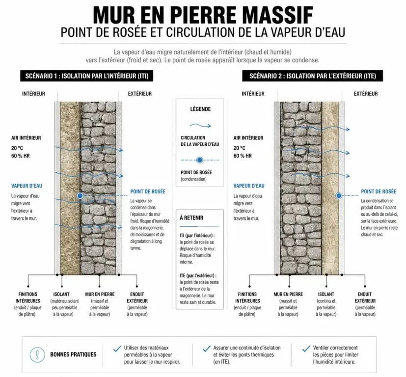 Schéma comparatif de l'isolation d'un mur en pierre par l'intérieur et par l'extérieur pour éviter la condensation