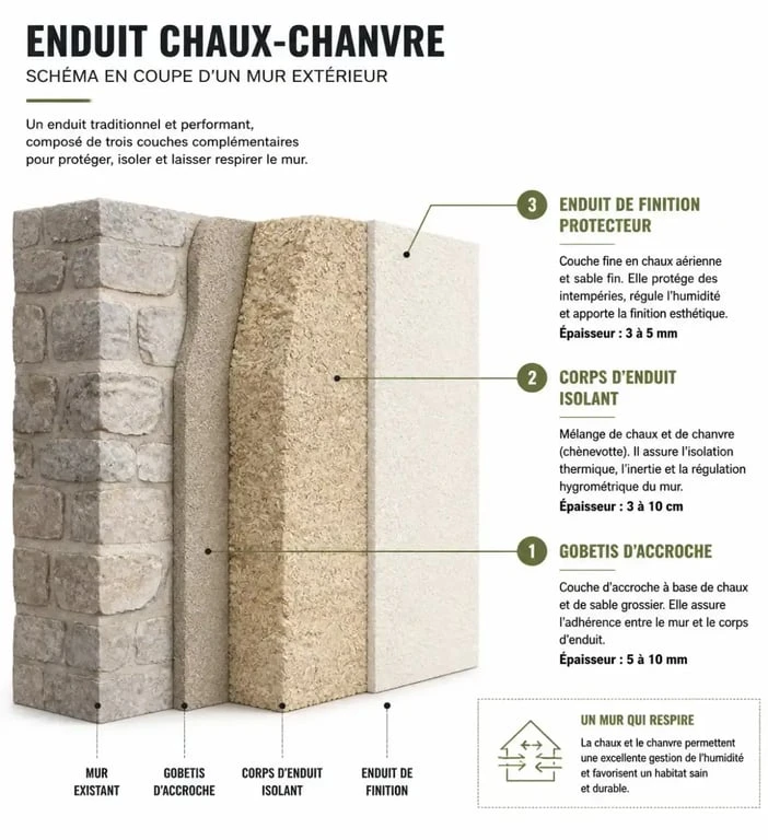 Schéma technique des trois couches d'un enduit chaux-chanvre extérieur : gobetis, corps d'enduit et finition.
