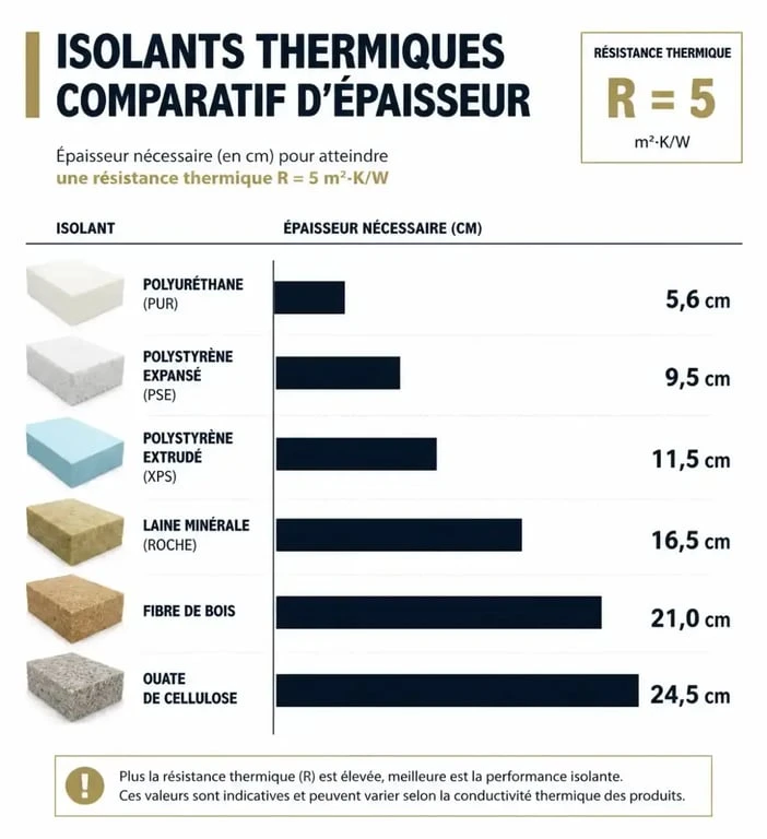Tableau comparatif des isolants thermiques : épaisseur nécessaire pour une performance R=5