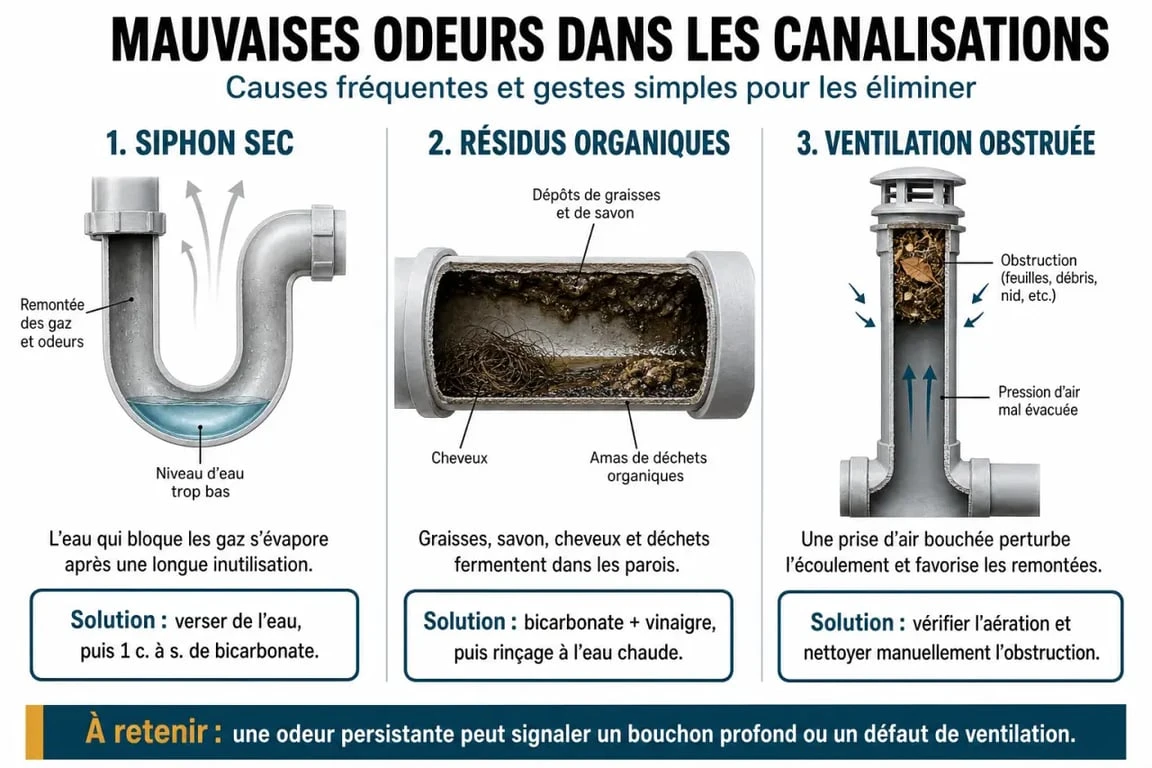 Infographie des causes et solutions pour une canalisation qui pue