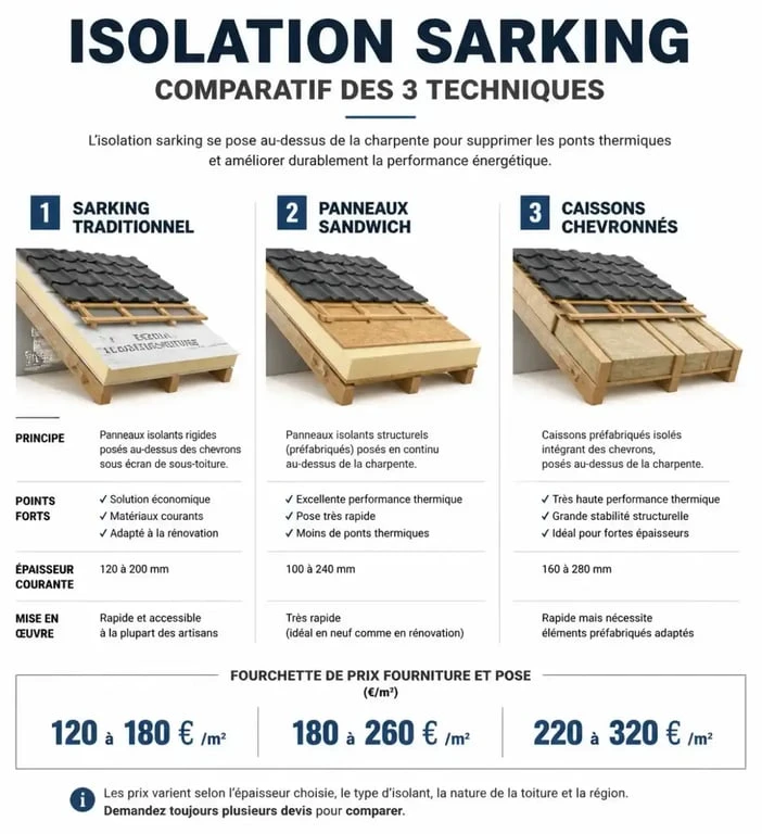 Comparatif des prix au m² pour l'isolation de toiture par sarking selon la technique utilisée