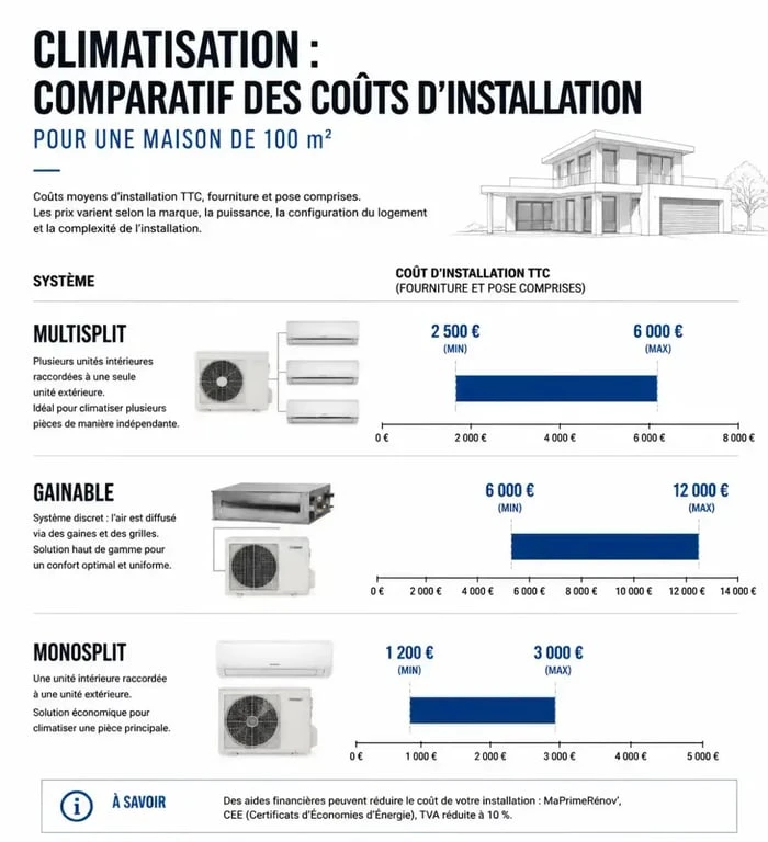 Infographie comparative des prix d'installation d'une climatisation pour une maison de 100m2