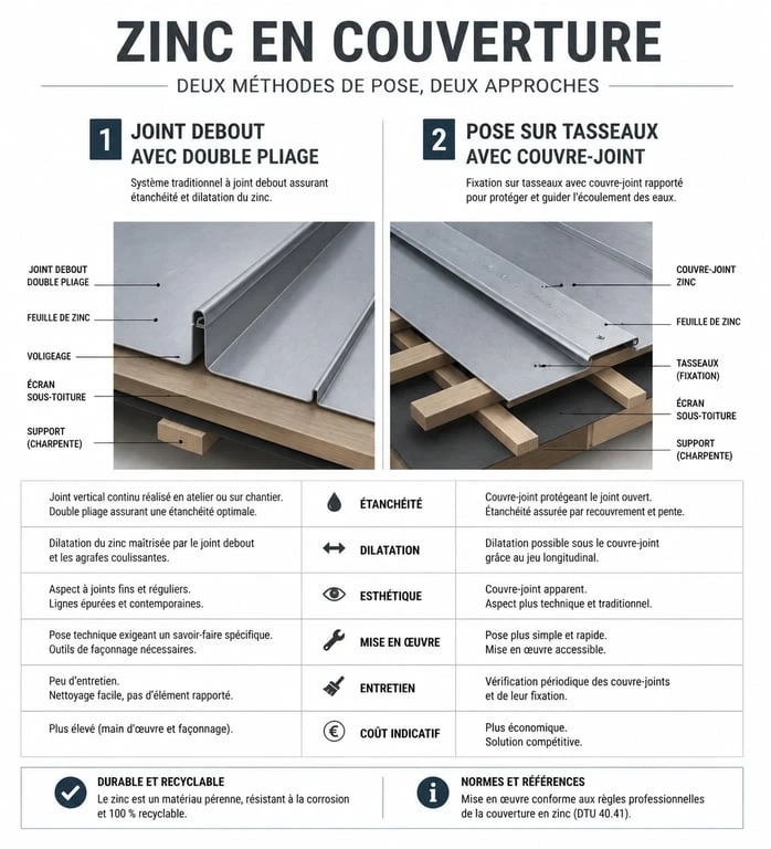 Comparaison technique des méthodes de pose : joint debout vs pose sur tasseaux pour toiture en zinc