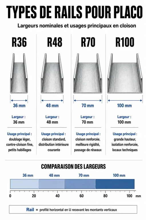 Infographie comparative des différents types de rails pour placo et leurs usages