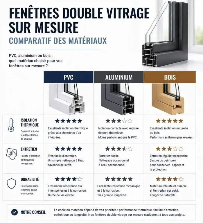 Infographie comparative des matériaux pour fenêtre double vitrage sur mesure : PVC, aluminium et bois