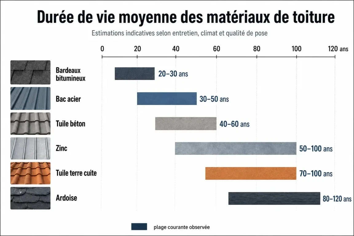 Infographie comparative de la durée de vie des matériaux de toiture : ardoise, tuile, zinc et bac acier.