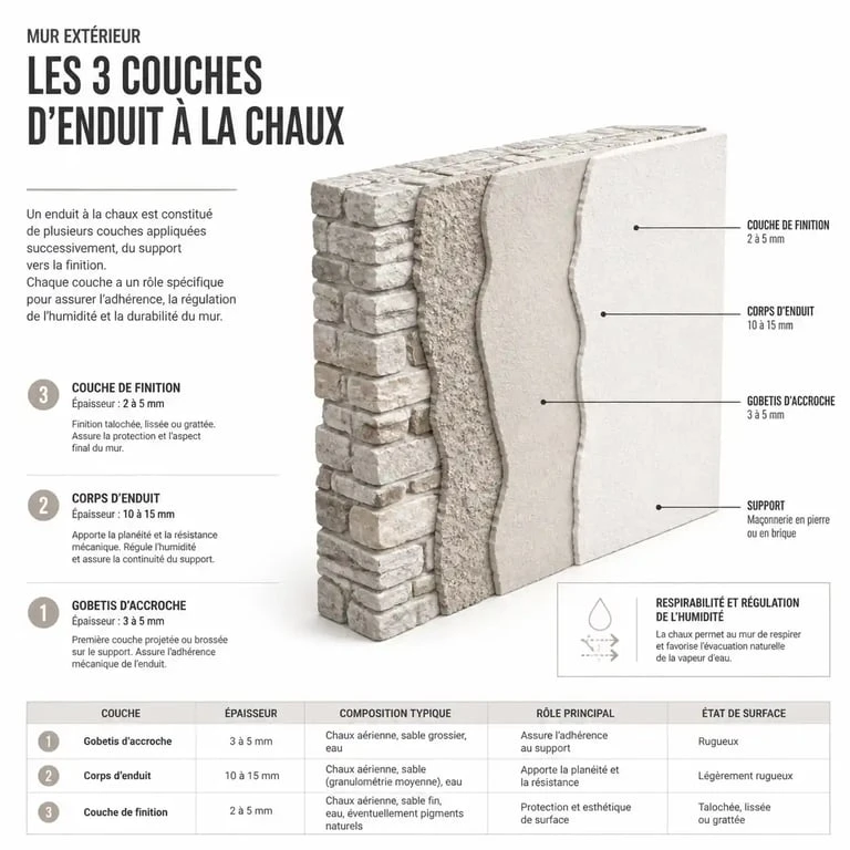 Coupe technique des trois couches d'un enduit à la chaux pour façade