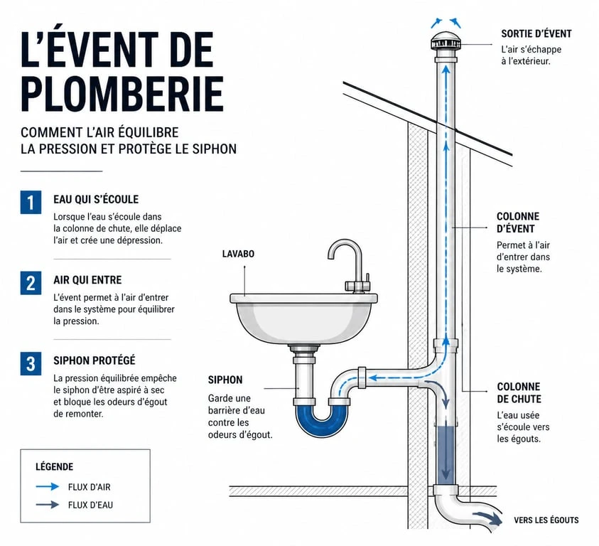 Schéma explicatif du fonctionnement d'un évent de plomberie pour éviter les mauvaises odeurs