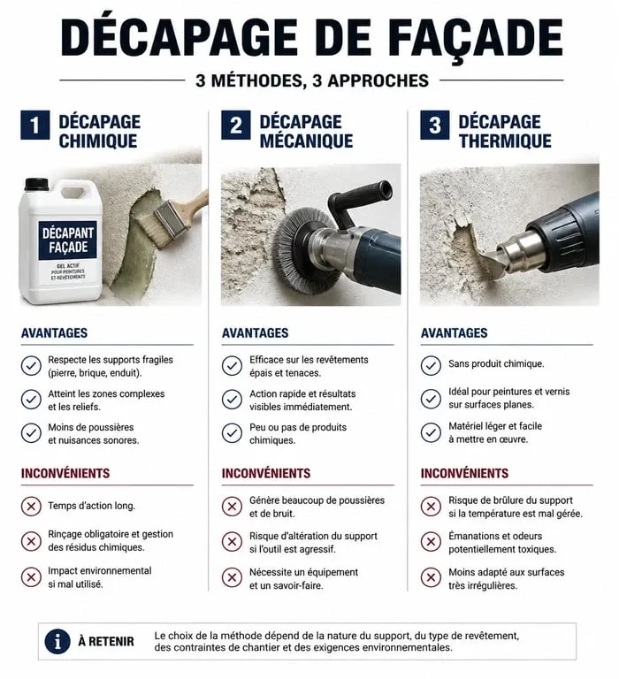 Infographie comparative des méthodes de décapage de façade pour rénovation