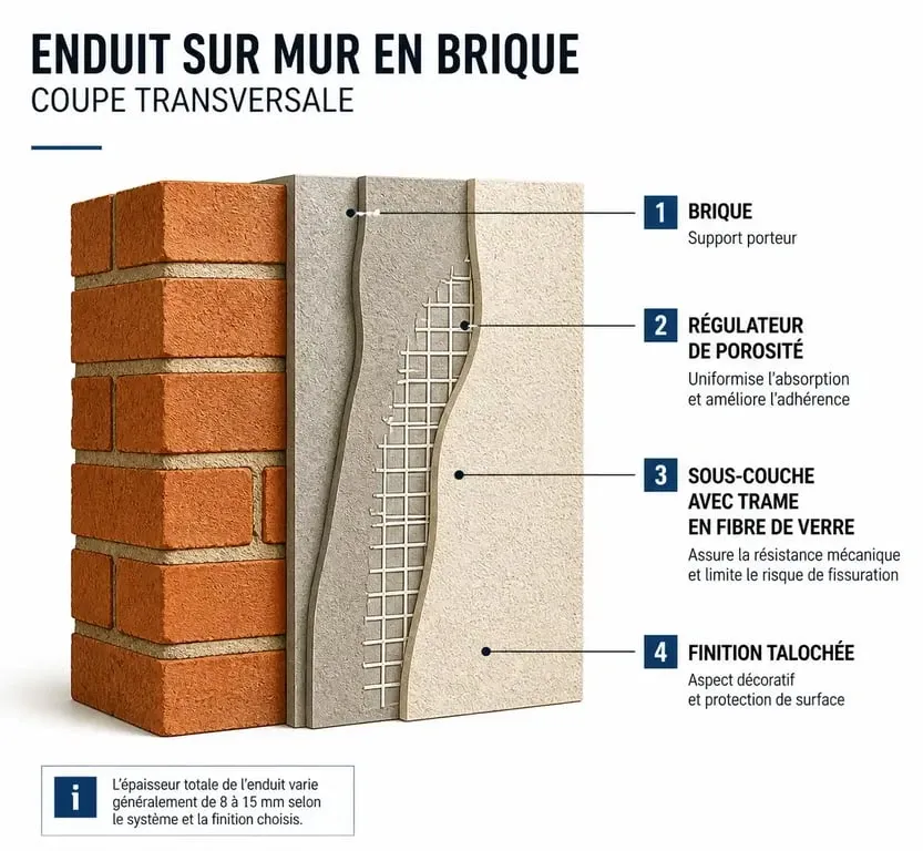 Schéma des étapes d'application d'un enduit sur brique
