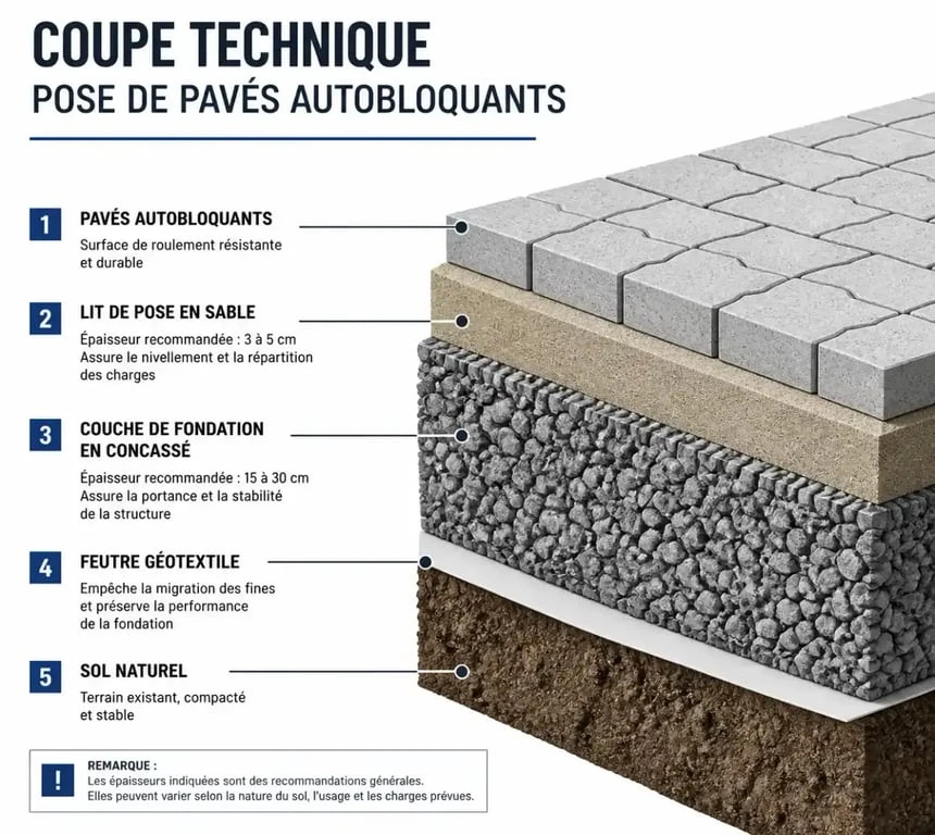 Schéma en coupe de la pose de pavés autobloquants