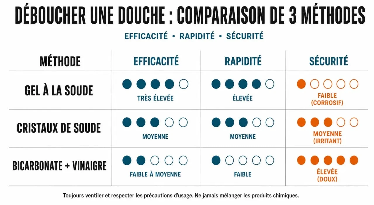 Infographie comparative des produits pour déboucher une douche : efficacité et sécurité