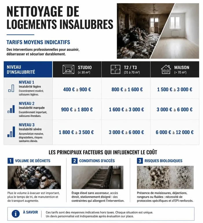 Infographie des tarifs de nettoyage de maison insalubre : estimation des prix selon la surface et le niveau d'insalubrité