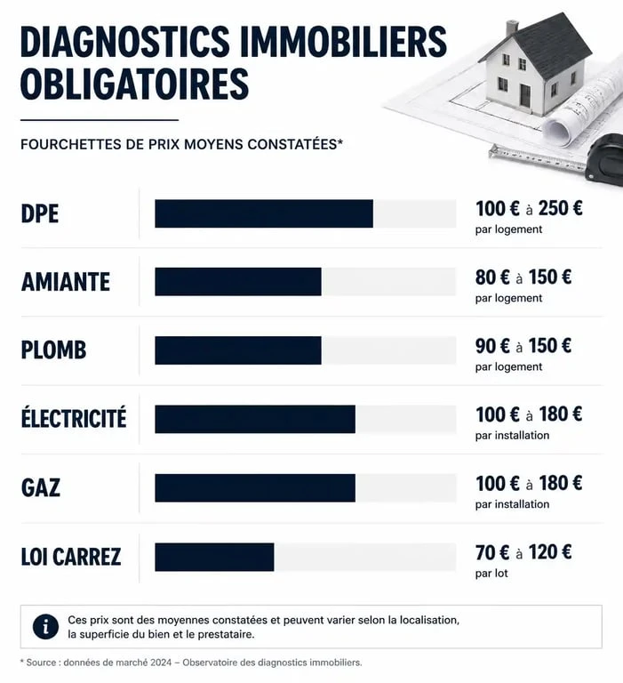 Infographie des prix moyens des diagnostics immobiliers obligatoires pour la vente ou la location