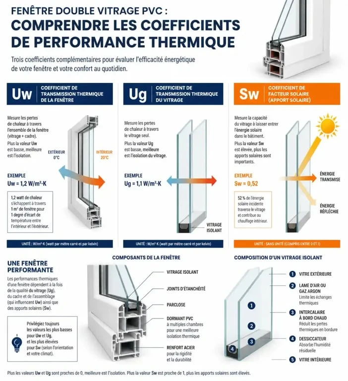 Infographie explicative des coefficients de performance thermique Uw, Ug et Sw pour fenêtres double vitrage PVC