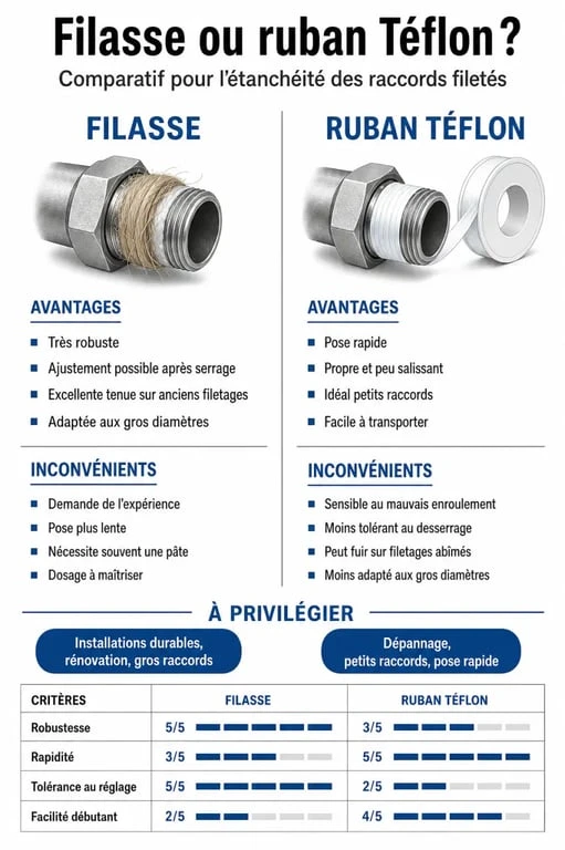 Comparatif filasse plomberie et ruban Téflon pour l'étanchéité des raccords